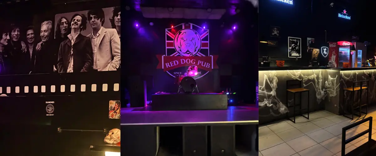 Foto do palco do Red Dog Pub durante um show de rock