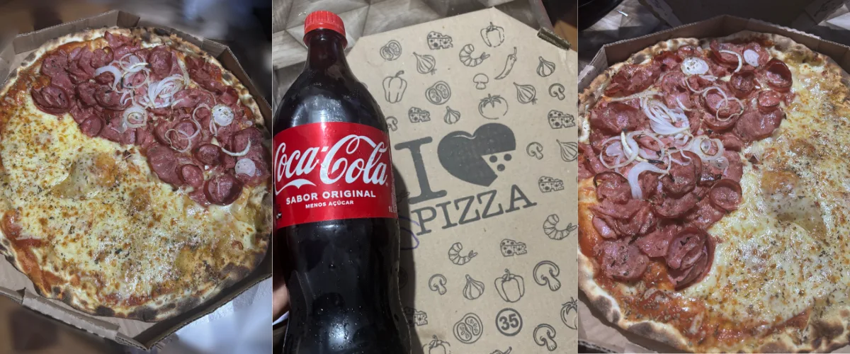 Foto da pizza de calabresa e mussarela da Adam Pizzaria Artesanal